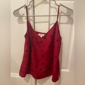 L’AGENCE silk red/burgundy spaghetti strap tank top with black stars.
